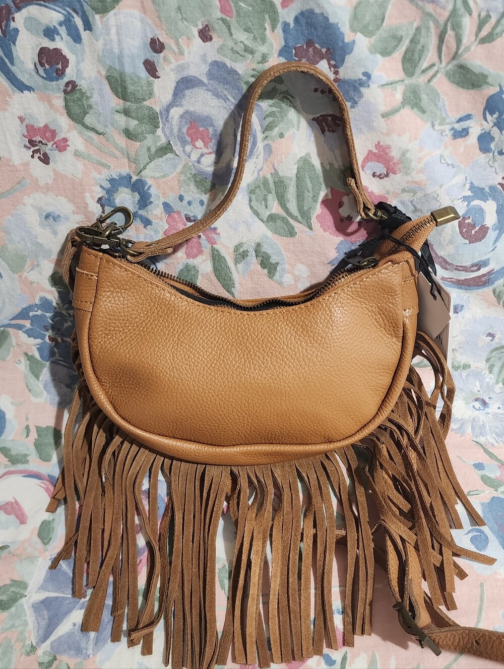 NWT Geunine Leather Marlon Camel Brown Fringe Crossbody Bag Or Shoulder Crescent